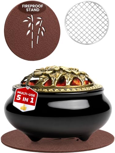 Frankincense Burner for Resin & Bakhoor – Glazed Black Ceramic Charcoal Incense Burner with Lid, Stainless Steel Mesh and Heat-Resistant Cotton Lining, Gothic Altar Censer - color: Black Single