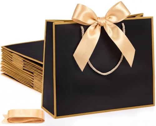 Silkfly 12 Pcs Paper Gift Bags with Handles & Bow Ribbon, Black - color: Black
