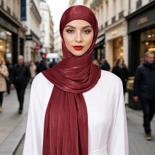 Premium Hijab Head Scarf for Women Lightweight Shimmer Hijab Head Wrap Scarves Crepe Satin Scarf Shawl Wrap - color: Wine Red