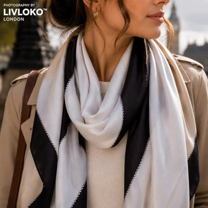 LONDON Women’s Satin Silky Scarf Gift Box Large Lightweight Silky Smooth Shawl Wrap for Hair, Head, Neck or Hijab - color: Gold Black - Box