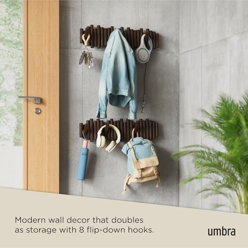 Umbra Picket Coat Rack, Wall Mount 8 Flip-Down Coat Hooks, Walnut | Beveled pine wood dowels, supports up to 5 lbs, mounting hardware included, space saving - color: Walnut, size: 8-Hook