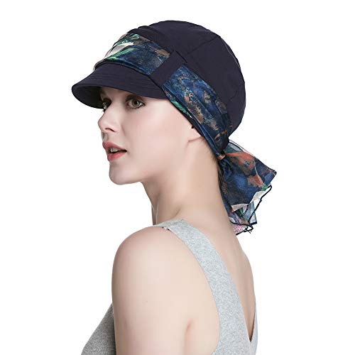 Alnorm Breathable Cotton Hat and Scarf Set Chemo Headwear for Women - color: Navy Peach Blossom