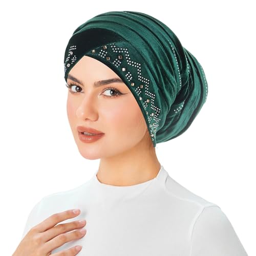 Rhinestone Hijab Turban Hats for Women Beanies Bandana Headwrap Cap Beanies Headwear Headscarf Undercap Turban Hat - color: Green