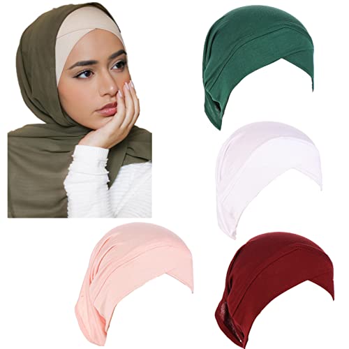 4 Pieces Muslim Inner Hijab Cap for Women Cross Turban Underscarf Undercap Bonnet Islamic Jersey Tube Caps - color: Green+white+wine+pink