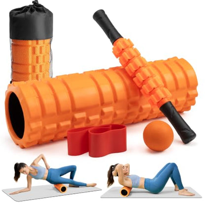 Krightlink 5-in-1 Foam Roller Set, Massage Roller Stick, Massage Ball, Resistance Band for Deep Muscle Massage, Trigger Point Release, Pilates, Yoga (Orange-18(5 in 1)) - color: Orange-18"(5 in 1)