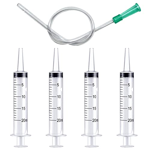 4pcs 20ml Plastic Syringes with 1pc 13inch Plastic Tubing, Syringe for Liquid in Scientific Lab, Pet Feeding, Glue Syringe for Craft Making, Epoxy Resin, Lubricant, Lip Gloss Filling and Supplies - size: 4pcs 20ml syringes with 1 tubing