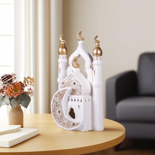 Ramadan Eid Home Decorations for Home 2025 Gold and White Mosque Tower Islamic Eid Mubarak decore - size: 6.3*2.36*10.63in