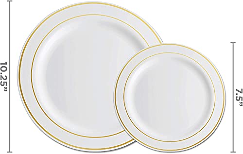 125 Piece Gold Dinnerware Party Set - 50 Gold Rim Plastic Plates, 25 Dinner 25 Dessert Plates, 25 Knives, 25 Forks, 25 Spoons - 25 Guest Disposable Set for Wedding Birthday Parties - color: Gold Rim