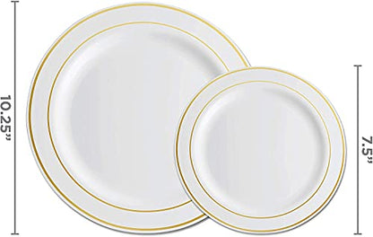 125 Piece Gold Dinnerware Party Set - 50 Gold Rim Plastic Plates, 25 Dinner 25 Dessert Plates, 25 Knives, 25 Forks, 25 Spoons - 25 Guest Disposable Set for Wedding Birthday Parties - color: Gold Rim