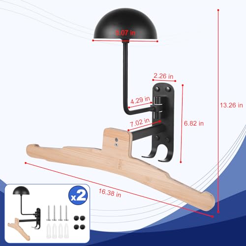 Motorcycle Helmet Rack Wall Mount 180 Degree Rotation Metal Bike Helmet Holder Mount Bicycle Helmet Display Hanger Stand with Wood Hanger & 2 Hooks for Motorcycle Bike Baseball Rugby Helmet - 2 Pack - color: Black(2PCS with Hanger)