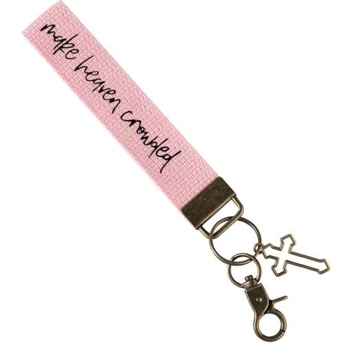 SANDOO Make Heaven Crowded Christian Keychain - Jesus Protection Cross Keychain with Cute Cotton Wristlet - color: Pink