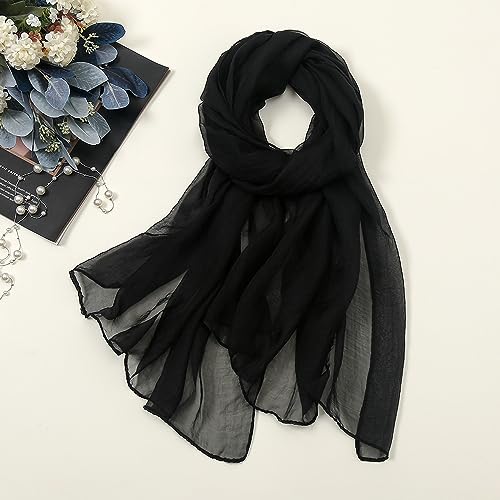 Black Silk-Feeling-Sheer-Scarf for Women Lightweight Chiffon-Scarves for Evening Dress Wedding Sunscreen Shawls-Wraps