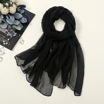 Black Silk-Feeling-Sheer-Scarf for Women Lightweight Chiffon-Scarves for Evening Dress Wedding Sunscreen Shawls-Wraps