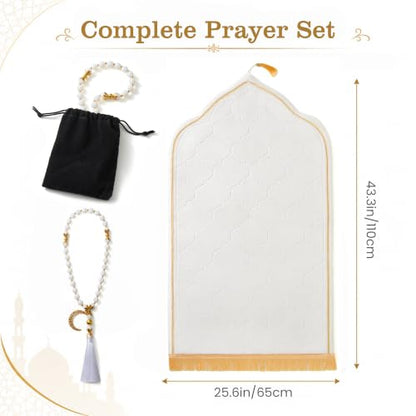 Prayer Rug Muslim Prayer Mat Islamic - Thick Prayer Rug Sajadah for Men Women with Islam Prayer Beads, Soft and Luxury (25.6" x 43.3", White) - color: White