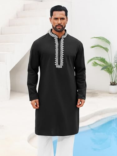 Runcati Mens Kaftan Thobe Cotton Henley Shirt Long Sleeve Embroidery Robe Casual Kurta Muslim Gown Shirt - color: Black, size: Large