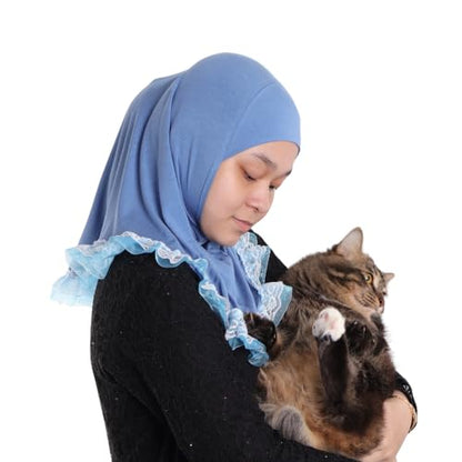 MuLanLegend Cotton Lace Hijab | Princess Nur | Girls Kids Instant Slip-on Scarf Sarong | Ligthweight and Comfortable - color: Jeans Blue