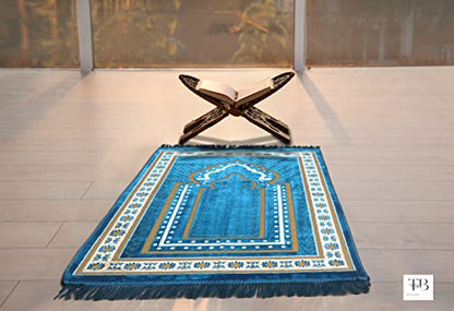 TB Islamic Prayer Rug Thick Soft Velvet Muslim Mat Unique Arabic Turkish African Embroidered Design Prayer Bead Daily Salah Prayer Meditation Ramadan Eid Gift for Women Men Kids (Blue) - color: Blue