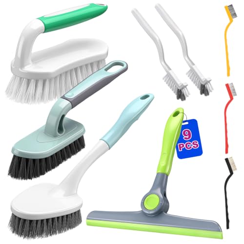 9 Pcs Cleaning Brush Set with Squeegee, Crevice Gap Brushes, Handheld Scrub Brush and Hard Bristle Detail Brushes Multi-purpose Household Cleaning Tools for Kitchen Bathroom Sink Grout Window