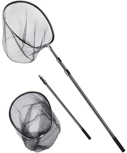 Large Fishing Net Saltwater Rubber Fishing Net Kayak Fishing Landing Net with Telescoping Handle Freshwater Fish Nets with Long Handle Extends 90-120inch