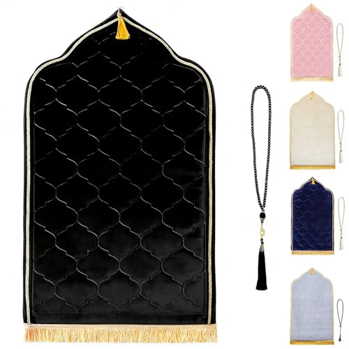 Muslim Prayer Rug with Tasbih Prayer Beads, Extra Thick Padded Non-Slip Islamic Prayer Matt,Turkish Praying Carpet Ottoman Blankets Ramadan Gift for Ramadan, Eid, Hajj, Travel, Pray （Black） - color: Black