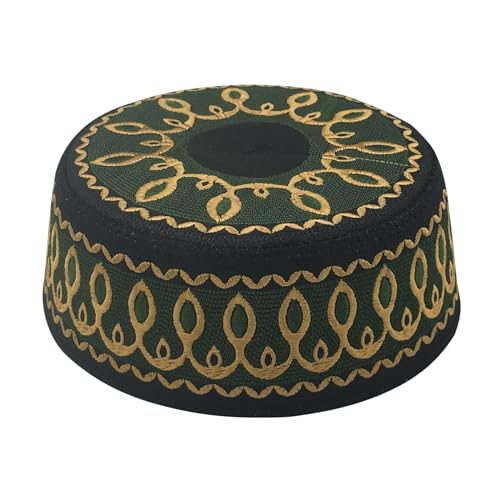 RUIXIA Men Boys Muslim Prayer Kufi Hat Skull Cap Embroidery Islam Kufi Headware takke Praying Beanie Hat Kofia Topi Hat - color: Green/Yellow--kids 7-10yrs