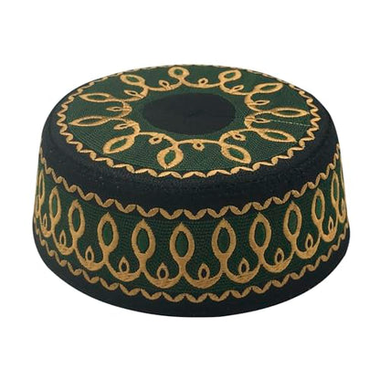 RUIXIA Men Boys Muslim Prayer Kufi Hat Skull Cap Embroidery Islam Kufi Headware takke Praying Beanie Hat Kofia Topi Hat - color: Green/Yellow--kids 7-10yrs