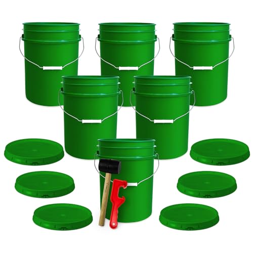 5 Gallon Bucket w/Lid, Food Grade BPA-Free, 6 Pack, Green | Airtight Lid, Mallet and Lid Opener Included, Heavy-Duty 90 Mil HDPE Plastic, Food-Safe Durable Container, Made in USA - color: Green, size: 6 Packs