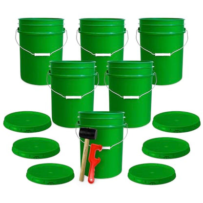 5 Gallon Bucket w/Lid, Food Grade BPA-Free, 6 Pack, Green | Airtight Lid, Mallet and Lid Opener Included, Heavy-Duty 90 Mil HDPE Plastic, Food-Safe Durable Container, Made in USA - color: Green, size: 6 Packs