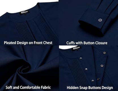 Mens African 2 Piece Set Nigerian Dashiki Traditional Suit Pleated Snap Button Shirts and Pants Outfit - color: Navy Blue, size: Large