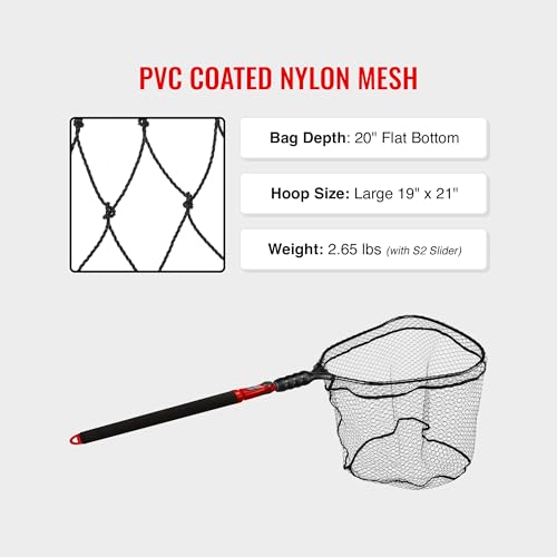 EGO S2 Slider Fishing Net Handle | Adjustable Extension Handle, Minimal Water Drag Design, Ergonomic Foam Grip for Landing Nets - size: 29" to 60" Handle, 19” x 21” Hoop, style: Pvc Coated Mesh