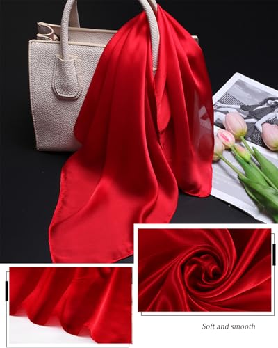Saiusloa Solid Color Neck Scarf For Women Square Satin Head Scarves headband Bandanas 23.6× 23.6 inches - color: 3-red