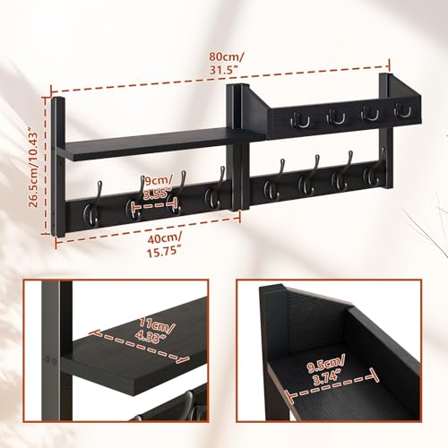 YMYNY 31.5" Coat Rack Wall Mount with Shelf, 4 in 1 Key and Coat Hanger with 12 Metal Hooks, Wall Shelf with Hooks & Mail Holder for Living Room, Bedroom, Black, HWS007B-2 - color: Black, size: 31.5" - 4-in-1