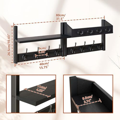 YMYNY 31.5" Coat Rack Wall Mount with Shelf, 4 in 1 Key and Coat Hanger with 12 Metal Hooks, Wall Shelf with Hooks & Mail Holder for Living Room, Bedroom, Black, HWS007B-2 - color: Black, size: 31.5" - 4-in-1