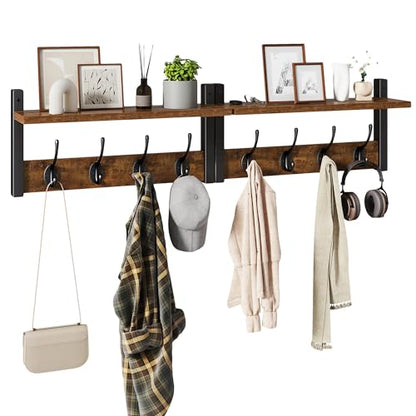 YMYNY Coat Rack Shelf Wall Mounted, Coat Hooks Set of 2, Entryway Coat Hanger with 8 Hooks, 31.5" Wall Floating Shelf with Hat Rack, for Kitchen, Bedroom, Bathroom, Rustic Brown UHWS001H-2 - color: Rustic Brown, size: 31.5"-2 pack