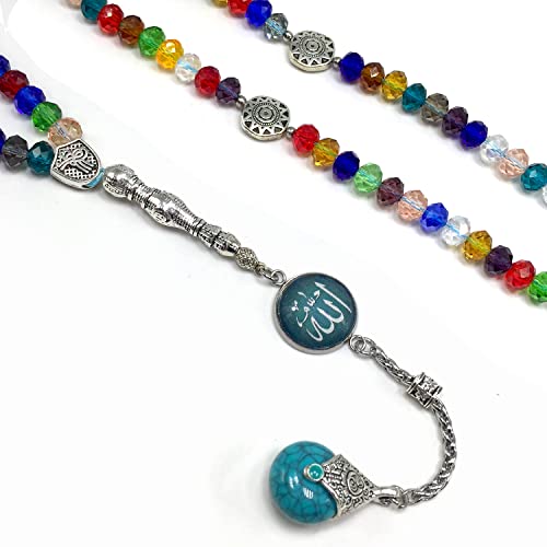 Special for Women Muslim Prayer Beads, Tesbih-Tasbih-Tasbeeh-Misbaha-Masbaha-Subha-Sebha-Sibha-Worry Beads (Multicolor Crystal - 6x8 mm 99 Beads & Allah Tassel)