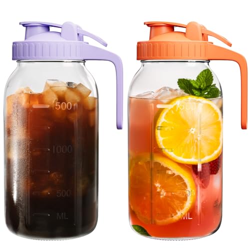 Mason Jar Pitcher Set of 2, 64oz (2quart) Glass Pitcher with Lid for Tea | Airtight, Leak proof, Ergonomic Handle, Pour Spout Lid, Fridge Safe, for Sun Tea, Iced Tea, Cold Brew, Lemonade, Outside - color: Purple & Orange, size: 64 Ounces