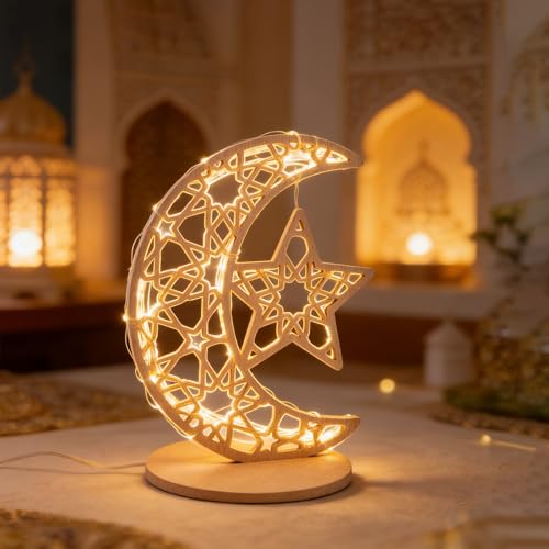 EUBUY Ramadan Moon Decor, Ramadan Lamp Eid Al Adha Decorations for Home, Wooden Crescent Moon Decorations Lights for Home Table Decor & Gifts（15.74 × 11.81 in） - color: Moon + Star S