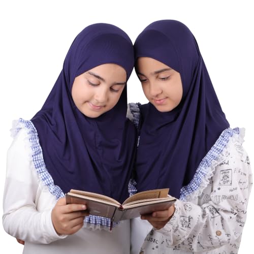 MuLanLegend Cotton Lace Hijab | Princess Nur | Girls Kids Instant Slip-on Scarf Sarong | Ligthweight and Comfortable - color: Navy Blue