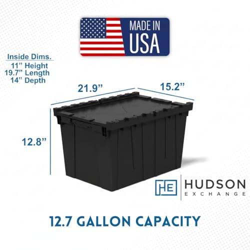 Hudson Exchange 21.9 x 15.2 x 12.8” (3 Pack) Storage Tote Distribution Container with Hinged Attached Lid, Black - color: Black