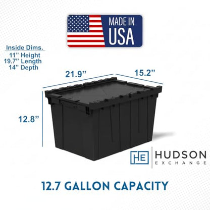 Hudson Exchange 21.9 x 15.2 x 12.8” (3 Pack) Storage Tote Distribution Container with Hinged Attached Lid, Black - color: Black