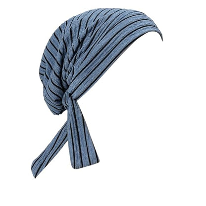Suillty Women's Pre-Tied Muslim Hijab Bonnet Pleated Ruffle Turban Chemo Cap Underscarf Islamic Headwear - color: Blue Striped