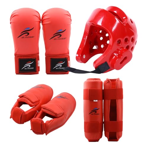 Karate Sparring Gear Set Includes 1 Helmet 1 Pair Gloves & Pair Leg Guard, Protective Polyester for Taekwondo Biking Red M