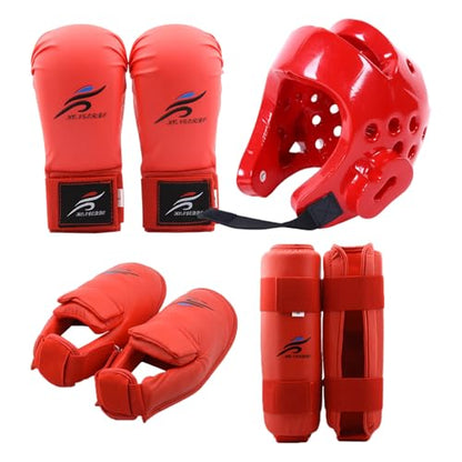 Karate Sparring Gear Set Includes 1 Helmet 1 Pair Gloves & Pair Leg Guard, Protective Polyester for Taekwondo Biking Red M
