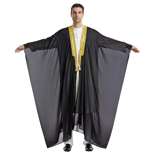 Muslim Men's Long Sleeves Embroidery Ankle Length Cardigan Robe - color: Black, size: Medium