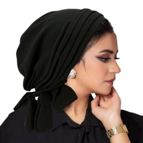 Suillty Women's Pre-Tied Muslim Hijab Bonnet Pleated Ruffle Turban Chemo Cap Underscarf Islamic Headwear - color: Black