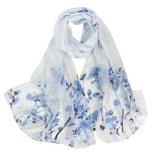 Xyueanlo Women's Chiffon Scarf Lightweight Scarves Fashion Elegant Floral Print Scarfs Shawls - color: Little Plum Blossom Blue