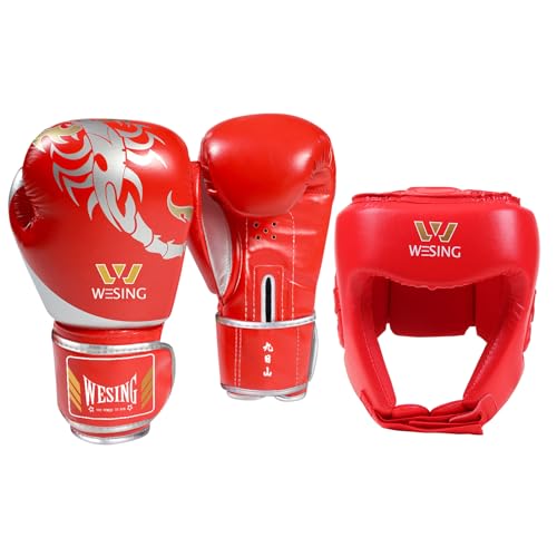 WESING Martial Arts Headgear Gloves Set Boxing Headgear 10oz Boxing Gloves for Men Women Kickboxing Sparring Training - color: Red, size: Large