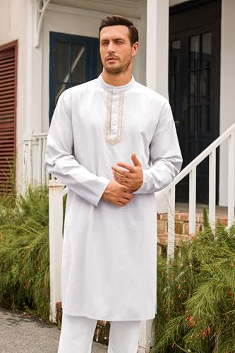 Runcati Mens Kaftan Thobe Button Down Casual Henley Shirts Long Sleeve Robe Cotton Linen Muslim Gown Shirt - color: White, size: Large