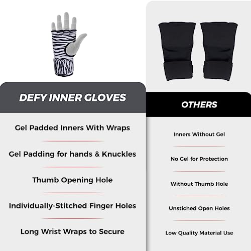 DEFY Padded Inner Gloves Quick 75cm Long Strap – Inner Boxing Gloves Gel Padded Knuckle Protection – Elasticated Boxing Hand Wraps for MMA Muay Thai Kickboxing Martial Arts Pair - color: Zebra, size: X-Large