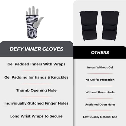DEFY Padded Inner Gloves Quick 75cm Long Strap – Inner Boxing Gloves Gel Padded Knuckle Protection – Elasticated Boxing Hand Wraps for MMA Muay Thai Kickboxing Martial Arts Pair - color: Zebra, size: X-Large